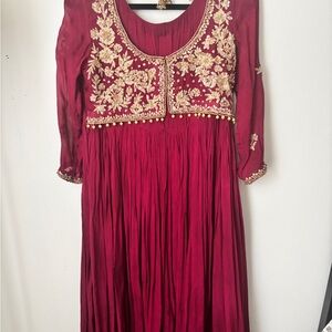 Elegant Maroon Dress with Gold Embroidery